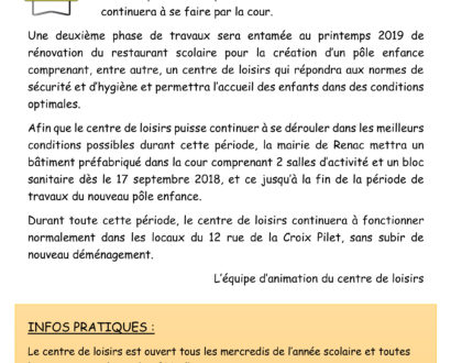 Organisation du centre de loisirs à Renac pendant les travaux ...