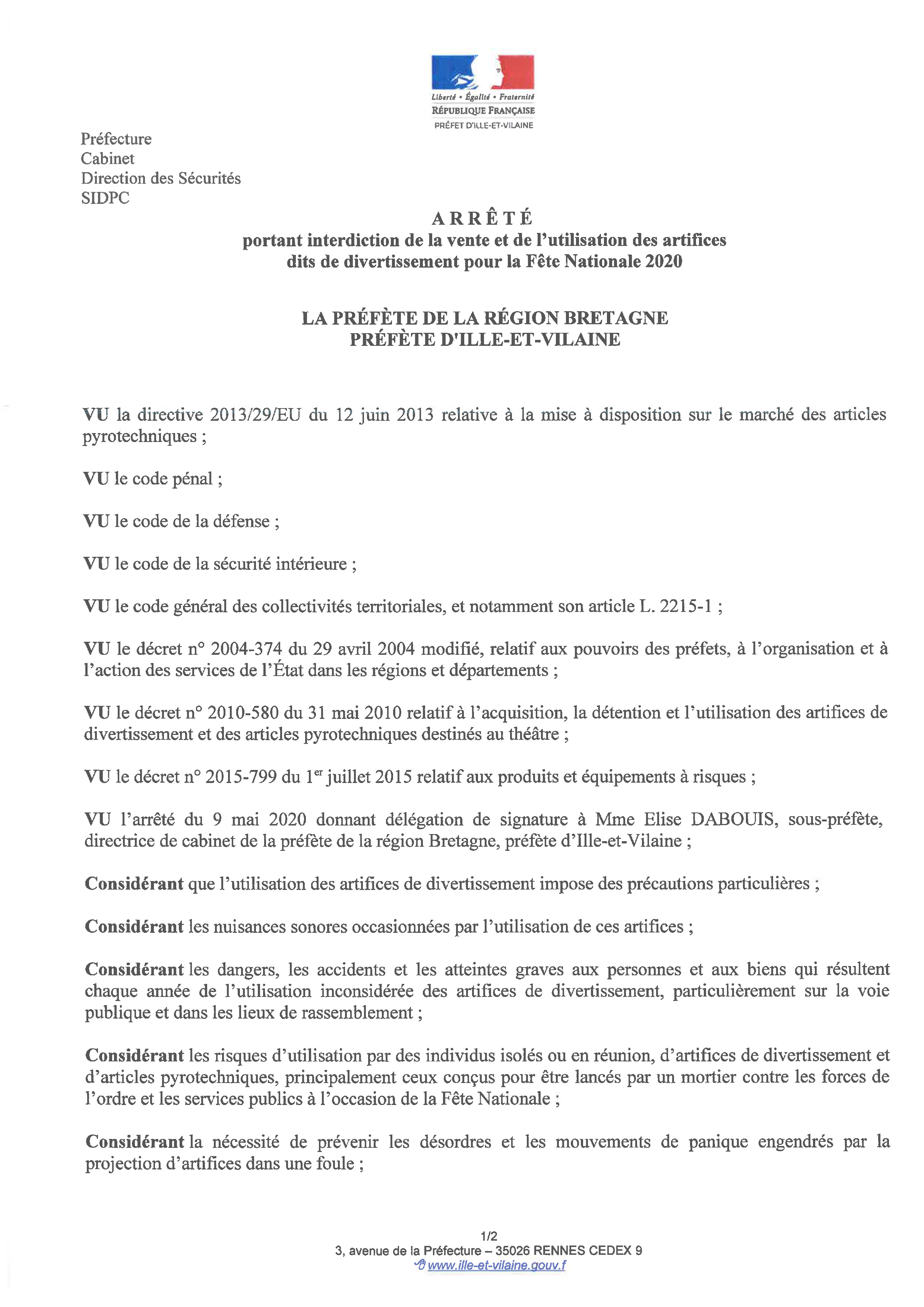 Arrêté préfectoral : Interdiction de vente et d'utilisation des artifices pour la Fête Nationale