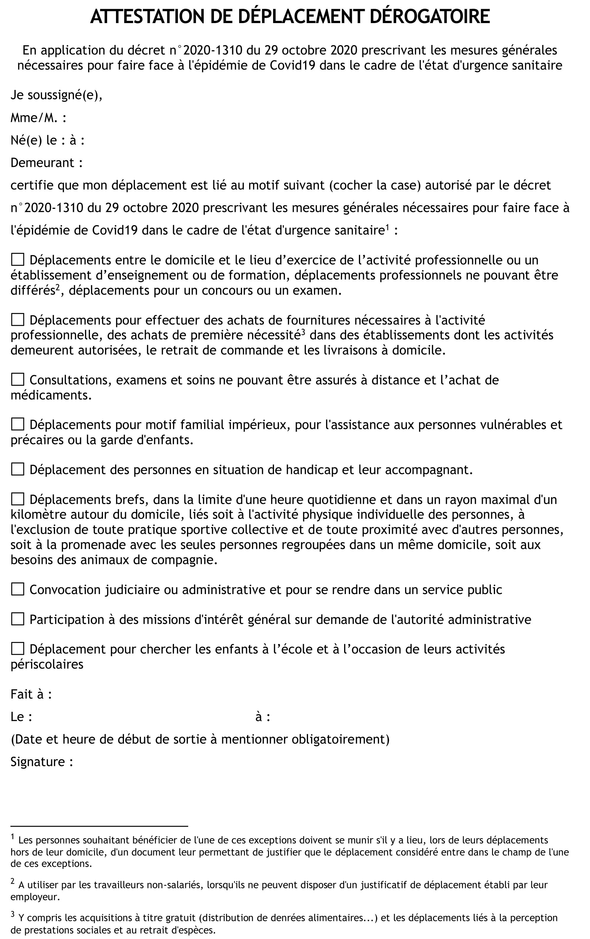 COVID 19 - Attestation de déplacement dérogatoire