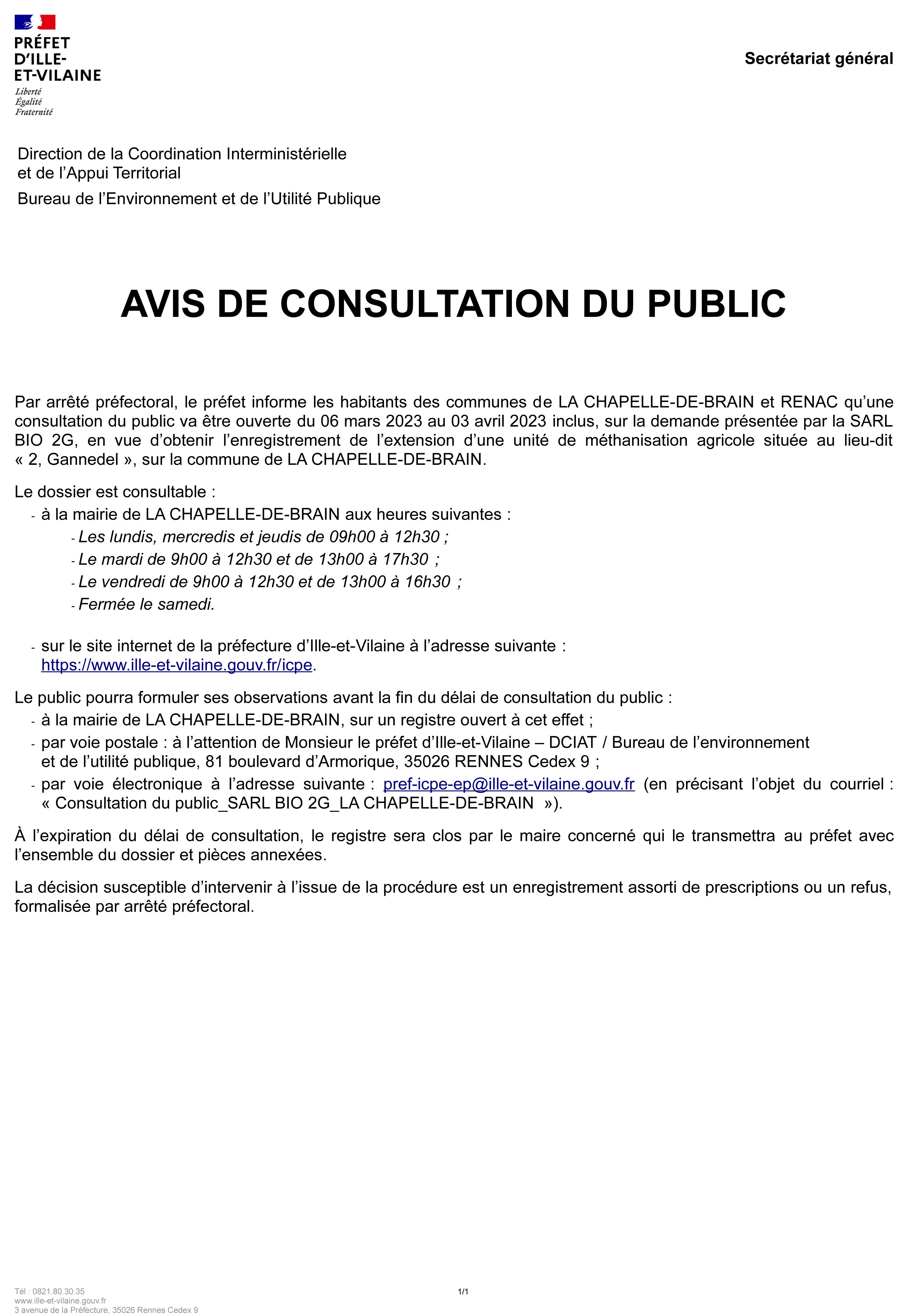 Avis de consultation du public